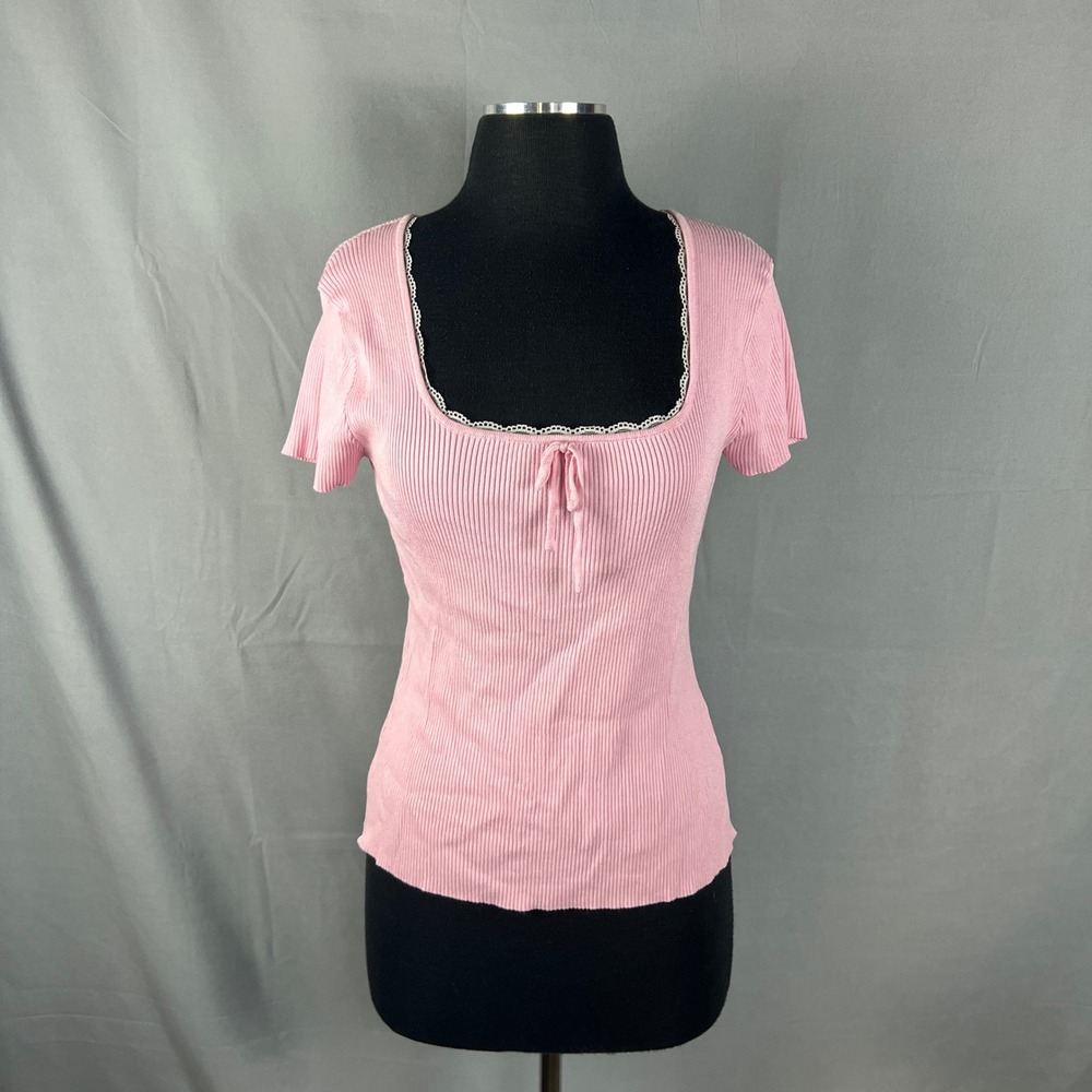 The Workshop Cropped Top Womens XL Light Pink Ribbed Knit Tie Front Square Neck